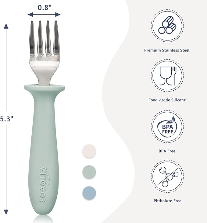 6 Pieces Toddler Forks, 18/8 Stainless Steel Kids Safe Utensils Set BPA Free, Children's Silverware Set with Silicone Round Handle for Self Feeding, Dishwasher Safe