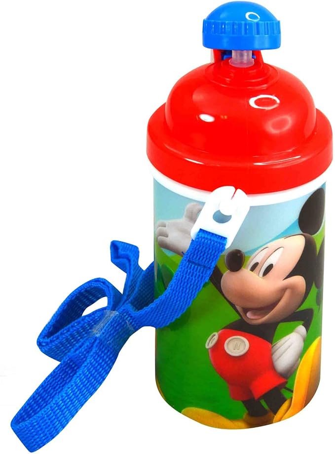 Zak Designs Disney Mickey Mouse One Touch Button Water Bottles with Reusable Built in Straw, Carrying Strap - Safe Approved BPA Free, Easy to Clean, for Kids Girls Boys, Goodies Home Travel