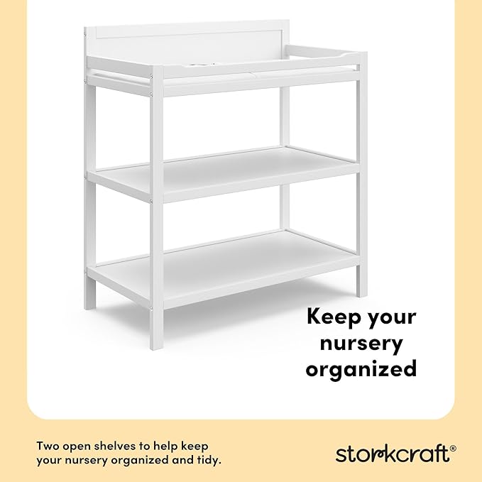 Storkcraft Alpine Changing Table (White) – GREENGUARD Gold Certified Nursery Changing Table, Includes Water-Resistant Changing Pad, 2 Shelves for Nursery Storage and Organizing