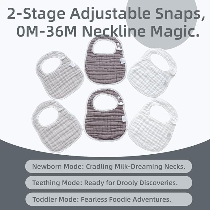 MUKIN Baby Muslin Bibs and Burp Cloths, 6 Pack, Soft Absorbent Cotton, Adjustable