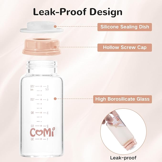 COMI Natural Glass Baby Bottle,Standard Neck Breastmilk Storage Bottle for Fridge,Breast Milk Container,Breast Pump Bottle Compatible with Medela Breast Pump,BPA Free,2PCS (5oz,2 Pink Lids)