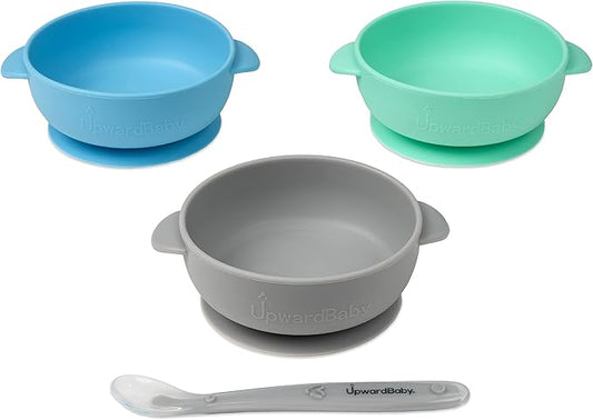 UpwardBaby Silicone Baby Bowls with Suction Set - Strong Suction Design for Toddlers 1-3, Easy-Grip Baby Spoon for Self-Feeding, BPA Free Feeding Bowls, 4-Piece Set