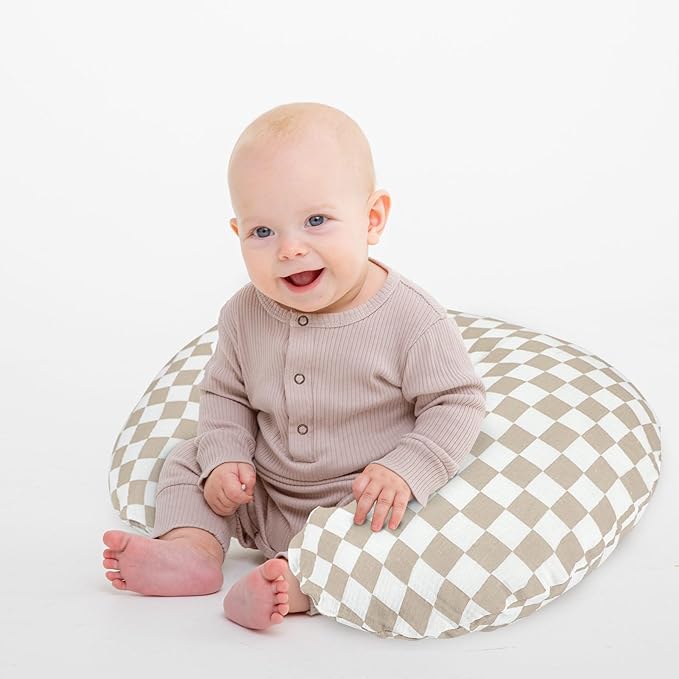 DILIMI Muslin Nursing Pillow Cover 2 Pack, Removable Nursing Cover for Breastfeeding Pillows, Ultra Soft Comfortable Slipcover for Baby Girl and Boy, Beige and Brown Checkered