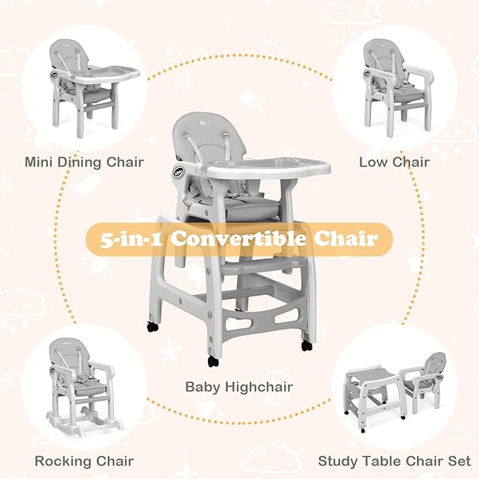 INFANS 5 in 1 Baby High Chair, Convertible Toddler Table Chair Set, Rocking Chair, Multi-Function Seat with Lockable Universal Wheels, Adjustable Seat Back, Removable Trays