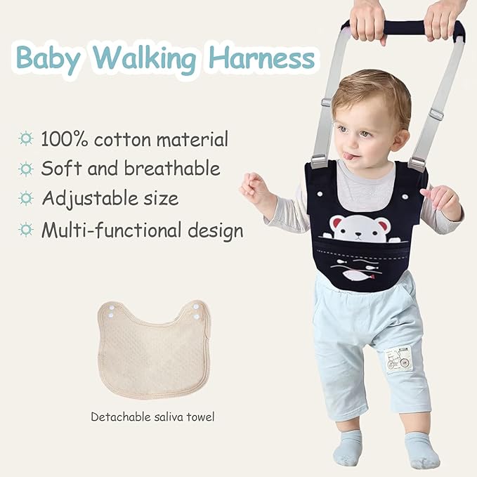 Baby Walking Harness Handheld Baby Walker Assistant Belt Adjustable Toddler Infant Harnesses Standing Up Walking Learning Helper with Detachable Crotch for 9-24 Month Old (Dark Blue)