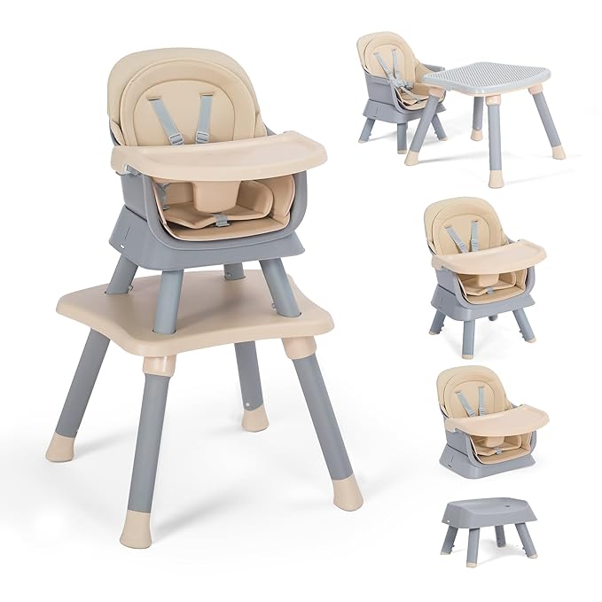 TODEFULL Baby High Chair, 8 in 1 Convertible Highchairs for Babies and Toddlers, Children Dining Booster Seat/Kids Building Block Table for Girls Boys, Baby Seat with Removable Tray, Khaki