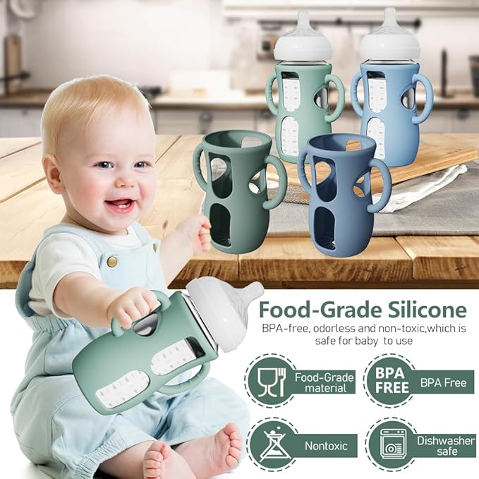 2 Pack Silicone Sleeves with Easy-Grip Handle for Avent Natural Glass Bottles, Anti Breakage Baby Bottle Holder, Compatible with Philips Avent Glass Natural Bottle 8 oz, Not for Infant Use