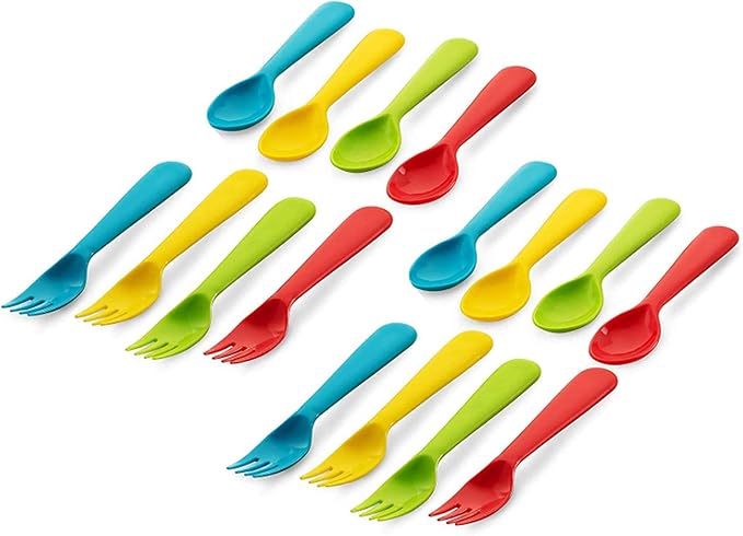 Plaskidy 16 Pc Plastic Toddler Utensils Set - 8 Kids Forks & 8 Kids Spoons, BPA Free/Dishwasher Safe, Brightly Colored Silverware, Great for Toddlers
