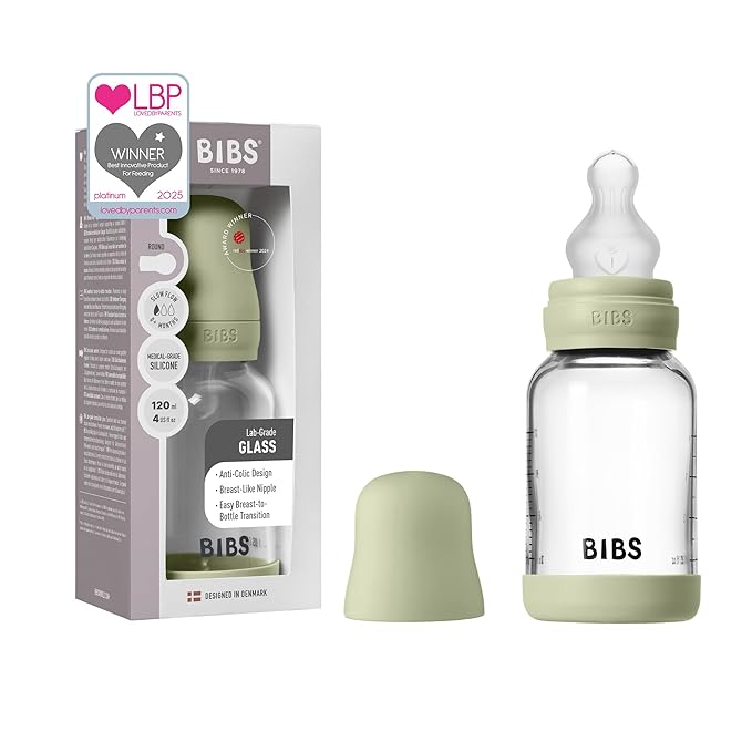 BIBS Baby Glass Bottle. 4 US fl oz / 120 ml. Anti-Colic. Vented Round Silicone Nipple. Supports Natural Breastfeeding, Slow Flow, Complete Set - Sage