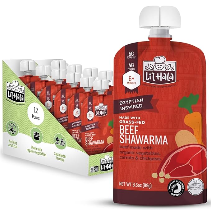 Li’l Hala Beef Baby Food Pouch | Beef Shawarma (12ct) | Savory 6+ Months Baby Food Pouches with Protein and Organic Veggies, Nutrient Packed Toddler Snacks with Iron | Stage 2 Baby Food Meat Puree