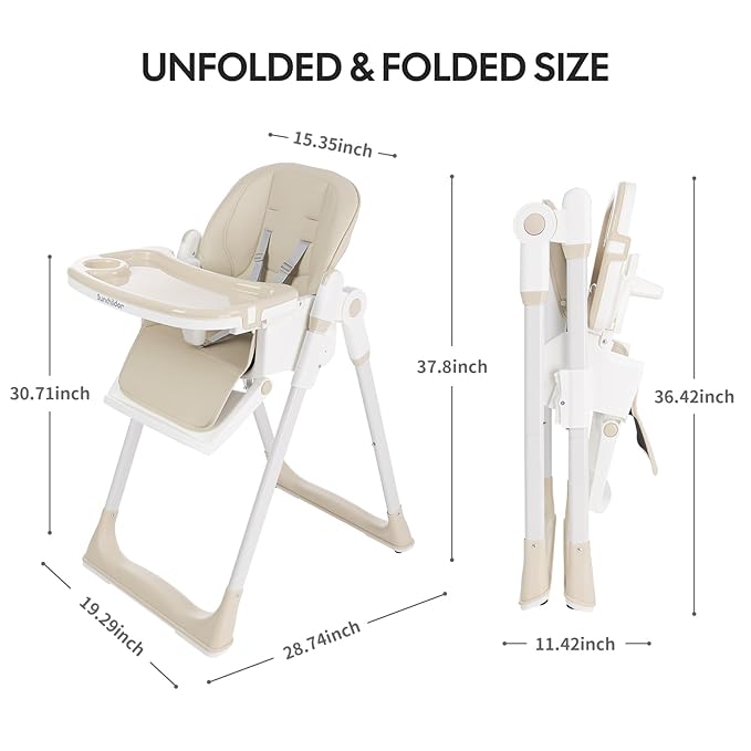 Sunchild 3-in-1 Baby High Chair with Wheels, 5-Point Harness, Tray, Footrest, and Backrest, Foldable and Adjustable for Toddlers 6-36 Months, Beige