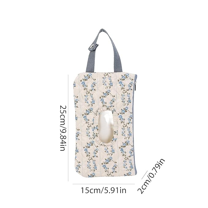 Quilted Baby Wipe Holder, Canvas Floral Quilted Pouch with Hanging Strap, Portable Diaper Wipe Holder for Travel Stroller-Blue Flower