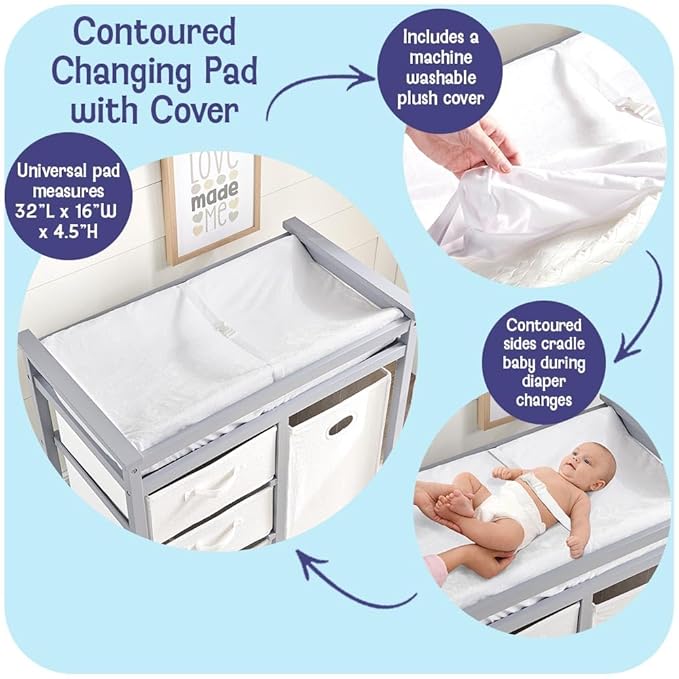 Badger Basket Waterproof Contoured Changing Table Pad for Babies – Non-Slip Base, Safety Strap, Removable Cover – White