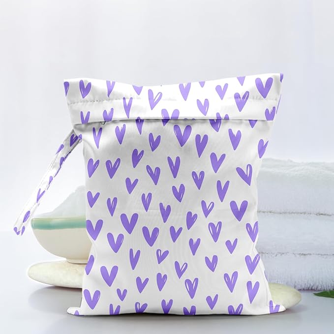 Waterproof Cloth Diaper Wet Dry Bag Reusable Travel Beach Pool Daycare Soiled Toddler Items Yoga Gym Bag for Swimsuits Wet Clothes Bags - Purple Heart Pattern
