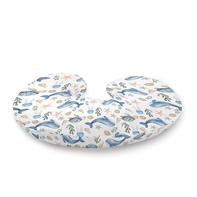 Watercolor Ocean Whale Sea Turtle Starfish Seashells Pattern Nursing Pillow Cover, Unisex Removable Breastfeeding Pillowcase Slipcover for Baby Girls Boys Newborns Toddlers, Cover Only