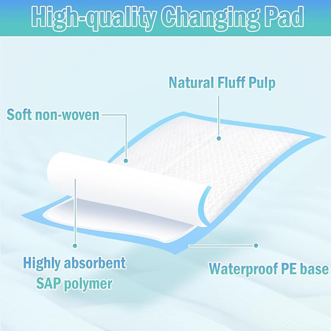 Baby Change Mat 45 x 33 CM (100-Count) Baby Pee Pads, Baby Changing Pad, Waterproof Bed Pad -Thick Super Absorbent Pads Disposable Underpads for Kids, Adults, Elderly - Liquid, Urine