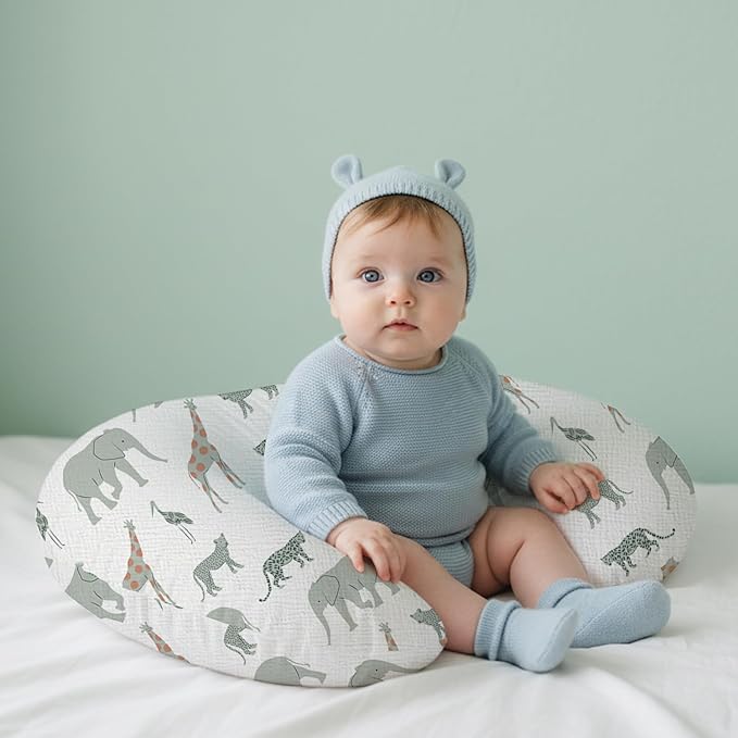 Little Grape Land Muslin Nursing Pillow Covers 2 Pack, 100% Cotton Removable Breastfeeding Pillow Covers, Feeding Pillow Slipcovers for Baby Boys & Girls, (Safari & Green)