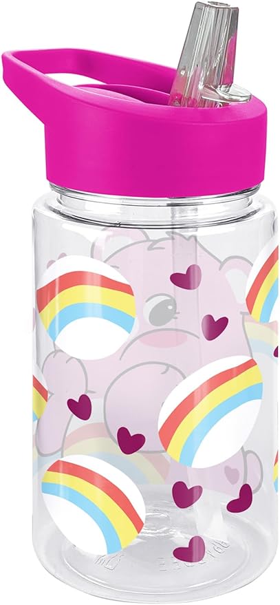 LOGOVISION Care Bears Kids Tritan Plastic Water Bottle with Straw Lid and Handle, Reusable Tumbler for Toddlers, Unisex for Girls and Boys, 12oz, Cheer Bear Belly Pattern