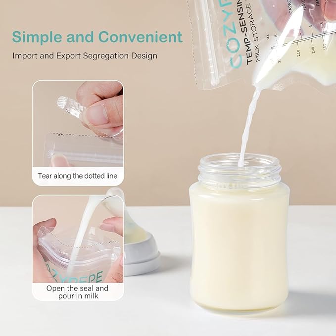 50 Pcs Breastmilk Storage Bags, 8OZ Breast Milk Storing Bag with Pour Spout, Temperature-Sensing Color Change Milk Bag for Convenient Breastfeeding, No Leak Presterilized for Freezer