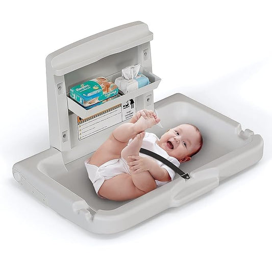 BELZAR Commercial Wall Mounted Baby Changing Station – ADA Compliant, Fold Down Heavy Duty Horizontal Diaper Changing Table with Safety Strap & Paper Liner Holder, For Public Restrooms/Hotels/Airports