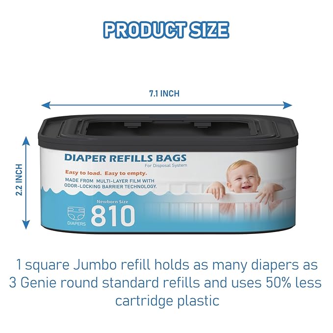Jumbo Square Refills Disposal Bags Refill (Baby Powder Scent) Compatible with Diaper Genie Classic, Compact and Select Pails, Hold Up to 810 Newborn-Sized Diapers Per Refill, 4 Packs