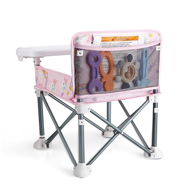 PandaEar Portable Baby Booster Seat | Compact Fold with Safety Straps & Feeding Tray for Indoor/Outdoor Use | Great for Travel, Camping, Beach, Lawn | Toddlers, Kids, Boys, Girls (Pink Unicorn)
