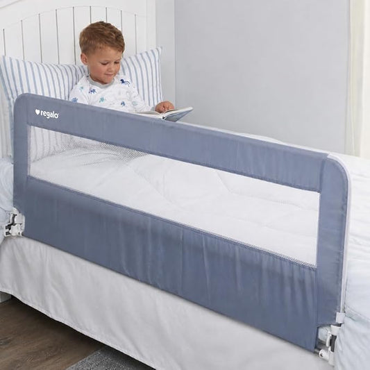 Regalo Safety 54” Extra Long Hideaway Bed Rail Guard for Toddlers, Toddler Bed Rail with Reinforced Anchor Safety System, 20” Tall Bed Safety Rail, Fits Twin, Full & Queen Beds, Gray
