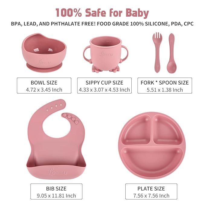 Silicone Feeding Set|Baby Led Weaning Supplies|Suction Plate Bowl Set with Bib, Spoon, Fork, Sippy Cup|Feeding Eating Supplies BPA Free