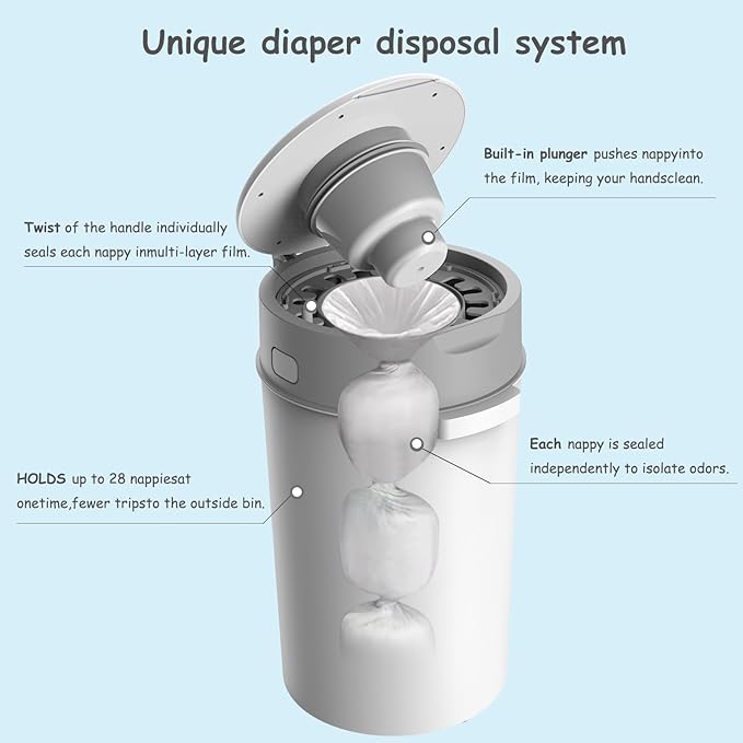 Bellababy Diaper Pail, Upgrade Baby Diaper Bin with Double Odor Locking, Includes 4 Refills (270 inches/pcs), Compact Design for Nursery