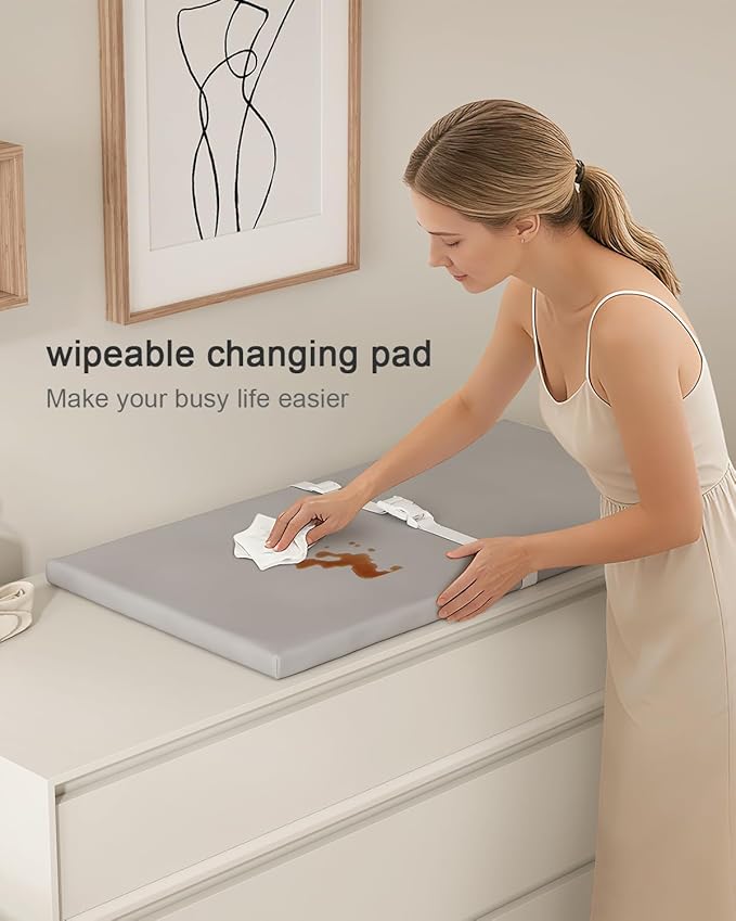 YACODAVO Wipeable Baby Changing Pad for Dresser and Table, Cozy Diaper Changing Pad with Waterproof & Wipe-Clean Leather Cover, Standard Size (31.5" L x 15.8" W), Grey