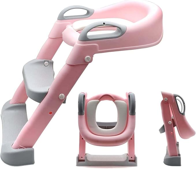 Classic Potty Training Toilet Ladder Seat With Upgraded Cushion Step Stool Ladder Toilet Trainer for Baby Toddler Kids Children In Pink [P/N: ET-BABY002-PINK-C]