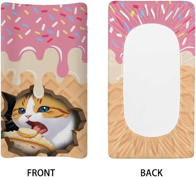 Cat Ice-Cream Changing Table Cover Breathable Stretchy Nursery Pad Change Cover Soft Changing Pad Cover for Boys Girls Fit 32"x16" Contoured Pad