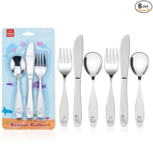 Lehoo Castle Toddler Silverware 6-Piece | Stainless Steel Toddler Utensils, Kids Silverware Children Safe Flatware for Self Feeding (Ocean Park)