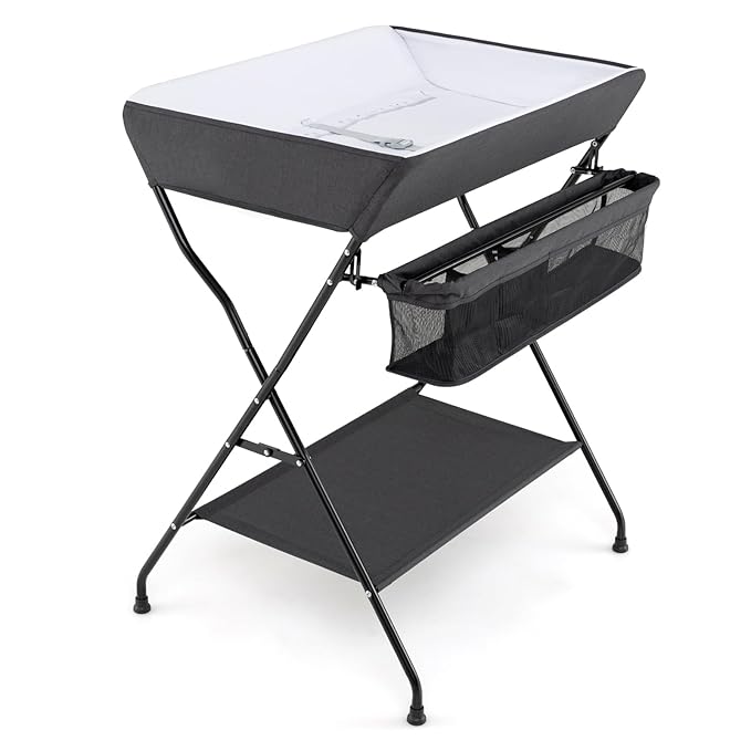HONEY JOY Changing Table, Folding Nursery Organizer with Open Shelf & Safety Belt, Portable Diaper Changing Station for Newborn (Black, Basic)