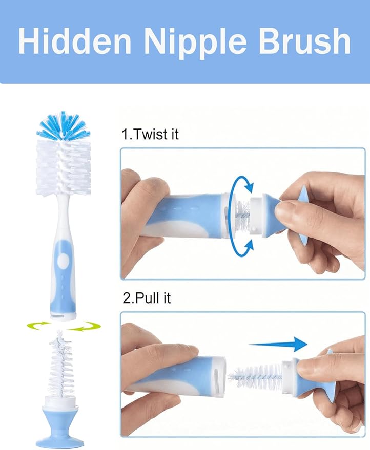 Baby Bottle Brush Set 4 in 1, Baby Bottle Cleaner, with 1P Nylon Bottle Brush, 1P Bottle Cap Brushes, 2P Straw Brushes, Bottle Brush with Nipple Cleaner and Suction Cup, BPA-Free(Blue)