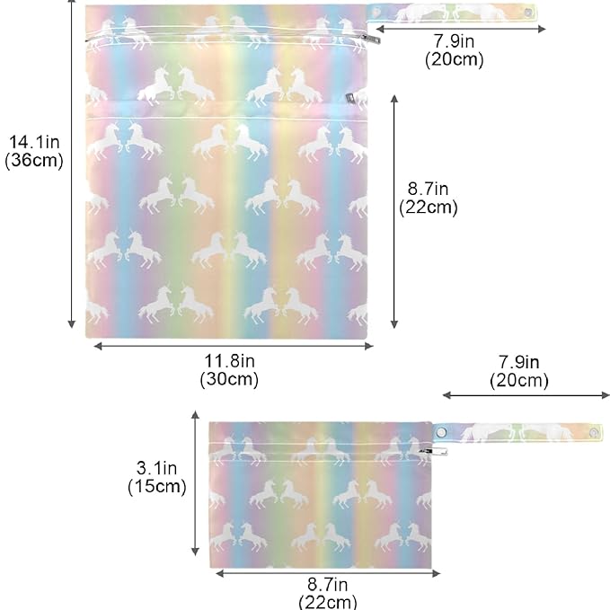 visesunny White Unicorn Colorful Rainbow 2Pcs Wet Bag with Zippered Pockets Washable Reusable Roomy for Travel,Beach,Pool,Daycare,Stroller,Diapers,Dirty Gym Clothes, Wet Swimsuits, Toiletries