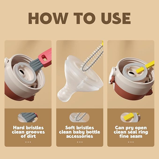 HRXFOZ 3 in 1 Multifunctional Cleaning Brush, Crevice Cleaner for Bottle Gap Tight Spaces, Portable Cup Lid Cleaner (6 PCS)