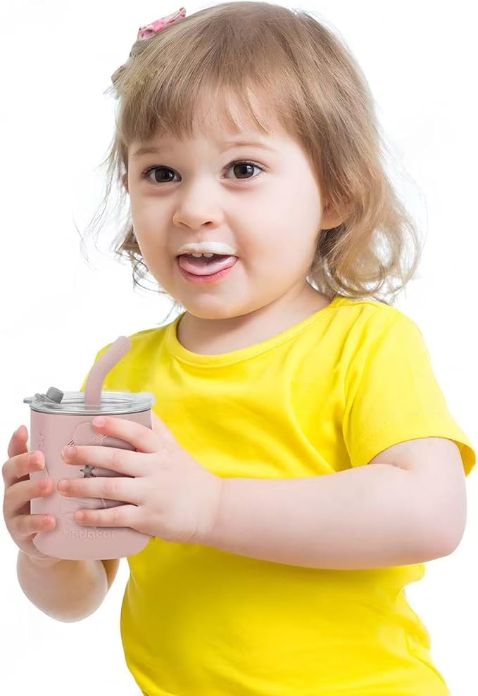 PandaEar Stainless Steel Baby Feeding Set | 2 Divided Suction Plates, 2 Spill-Proof Straw Cups with Silicone Sleeves, 2 Forks & 2 Spoons | Toddler Utensils for Baby Led Weaning, BPA-Free (Pink)