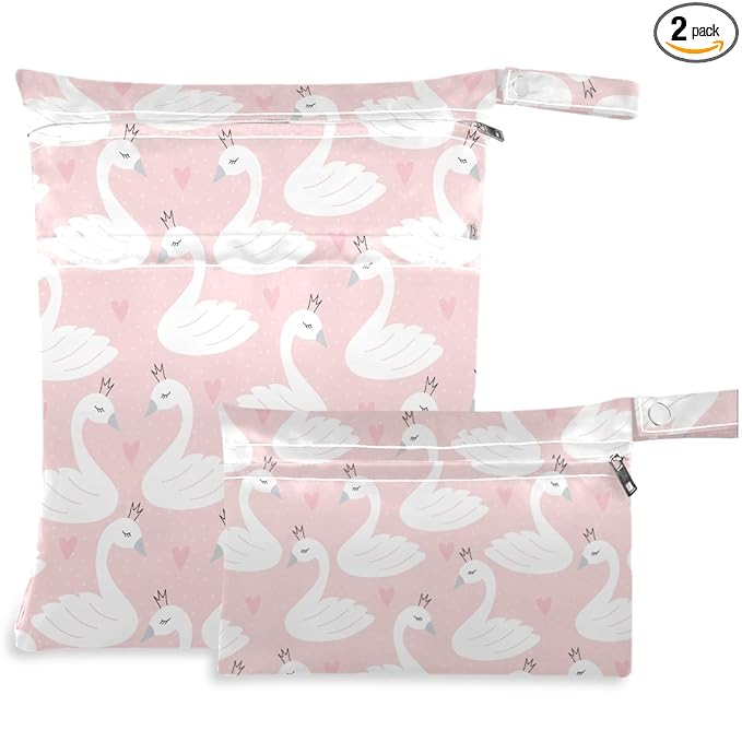visesunny Cute Swan Heart 2Pcs Wet Bag with Zippered Pockets Washable Reusable Roomy Diaper Bag for Travel,Beach,Pool,Daycare,Stroller,Diapers,Dirty Gym Clothes, Wet Swimsuits, Toiletries
