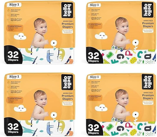 Hello Bello Premium Baby Diapers Size 1, 128 Count of Disposable, Extra-Absorbent, and Hypoallergenic Baby Diapers with Snug and Comfort Fit, Alphabet Soup (64) and Sleepy Sloth (64)