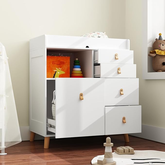 Baby Dresser with Changing Table Top, 5 Drawers Nursery Dresser with Removable Guard, Infant Diaper Changing Station Baby Cloth Organizer for Nursery and Kids Bedroom, White - 33.5" W