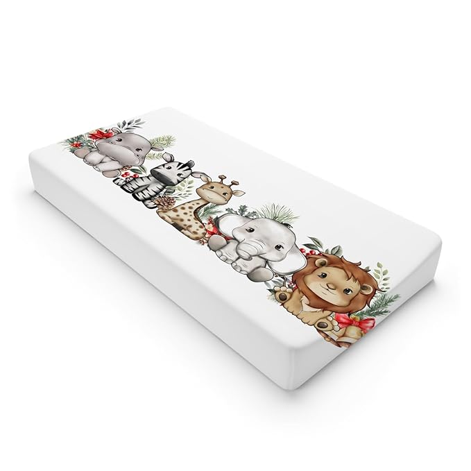Cute Jungle Safari Animals Christmas Cheery Fir Leaves Changing Pad Covers Lion Elephant Giraffe Zebra Hippo Baby Change Table Pad Cover for Boy Girl Soft Stretchy Changing Mat Sheets 32''x16''