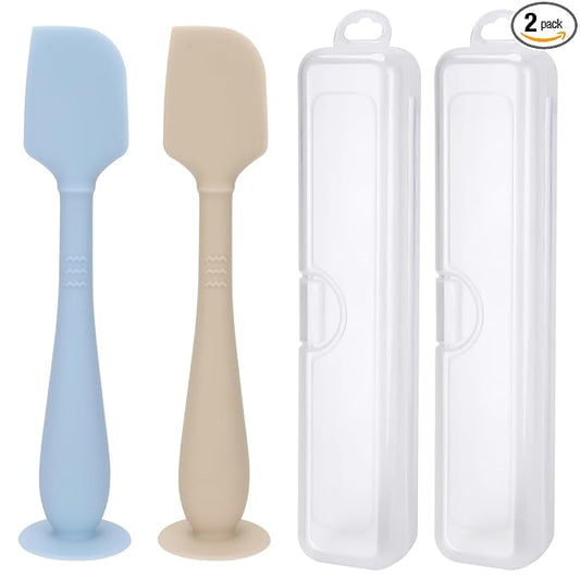 2 Pack Diaper Cream Spatula with Hygienic Travel Case, Butt Spatula Baby with Suction Base, Baby Butt Paste Spatula, Soft Silicone Diaper Rash Cream Applicator Large Size (Blue & Offwhite)