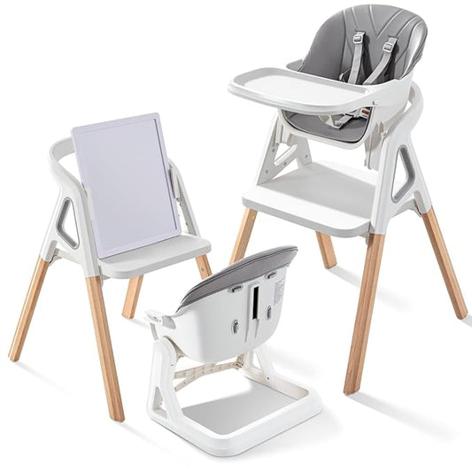 Baby High Chair, Babies and Toddlers Convertible Slim High Chair with 6 Growing Stages from Infant to Toddler Seating with Removable Tray, Easy to Clean,Gray Cushion