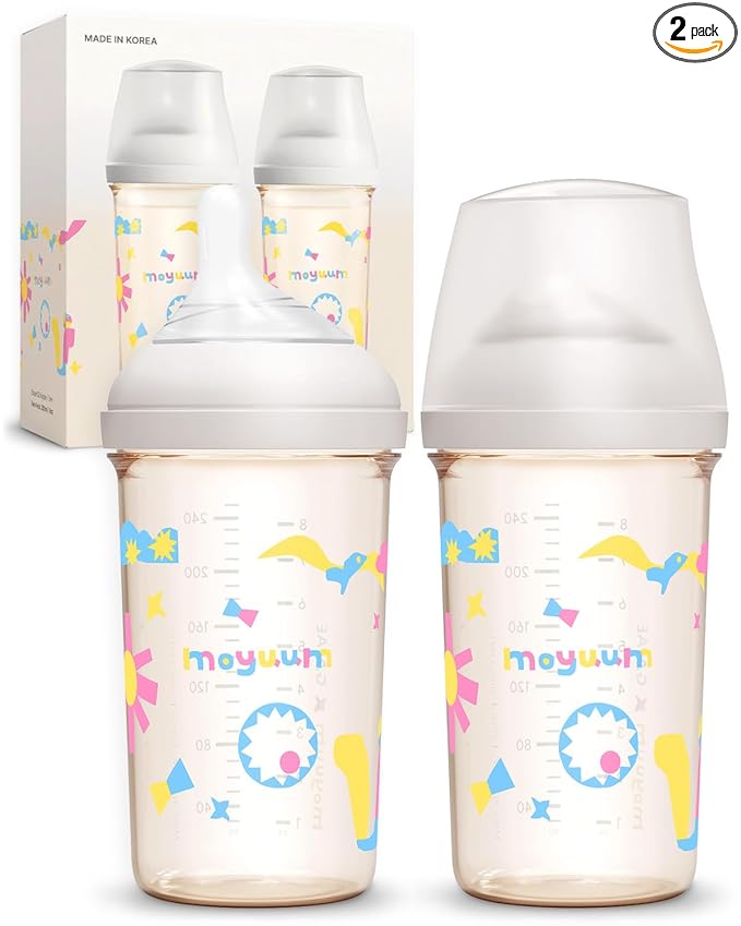 Moyuum MOV.aa Premium PPSU Wide Neck Anti-Colic Baby Bottle | Made in Korea, Microplastic & BPA-Free, Breastfeed Transition, Natural Fit Nipples for Newborns & All Stages - 8 oz (2 Pack, White)