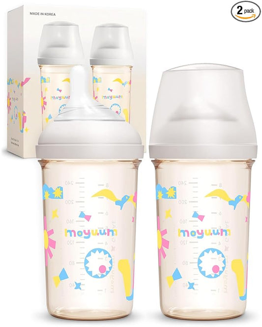 Moyuum MOV.aa Premium PPSU Wide Neck Anti-Colic Baby Bottle | Made in Korea, Microplastic & BPA-Free, Breastfeed Transition, Natural Fit Nipples for Newborns & All Stages - 8 oz (2 Pack, White)