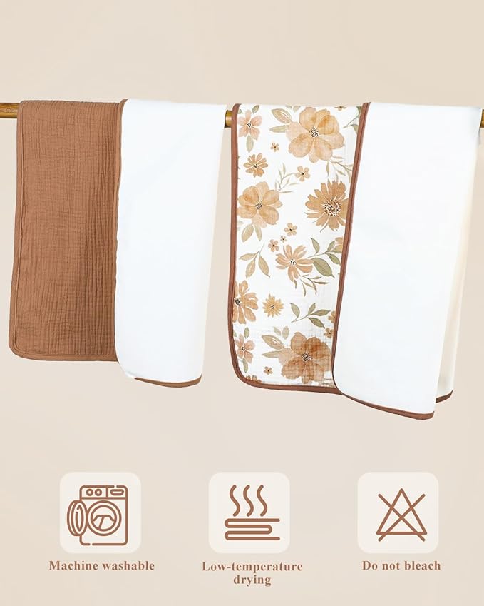Waterproof Portable Changing Pad 2 Pack, Muslin Cotton Baby Changing Mat Comfortable & Breathable, Foldable Diaper Changing Pad for Travel, Machine Washable, Flower & Brown