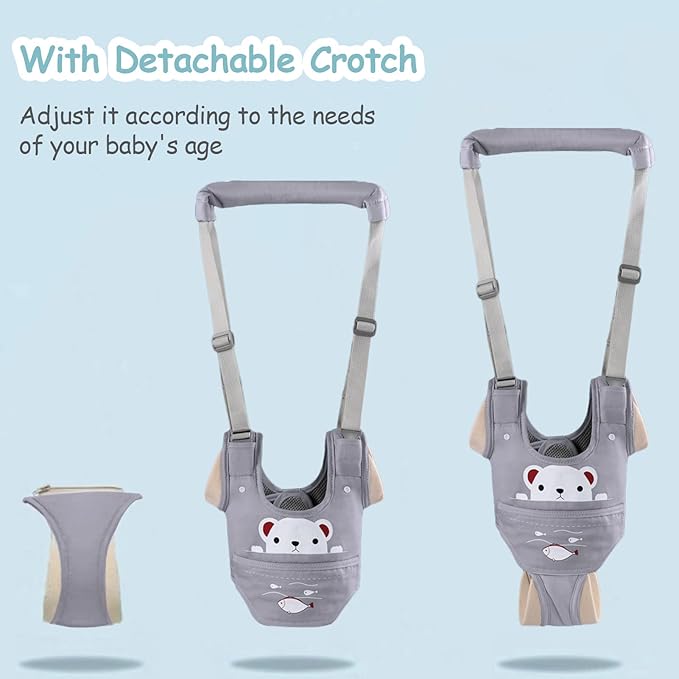 Baby Walking Harness Handheld Baby Walker Assistant Belt Adjustable Toddler Infant Walker Harnesses Standing Up and Walking Learning Helper with Detachable Crotch for 9-24 Month (Gray)