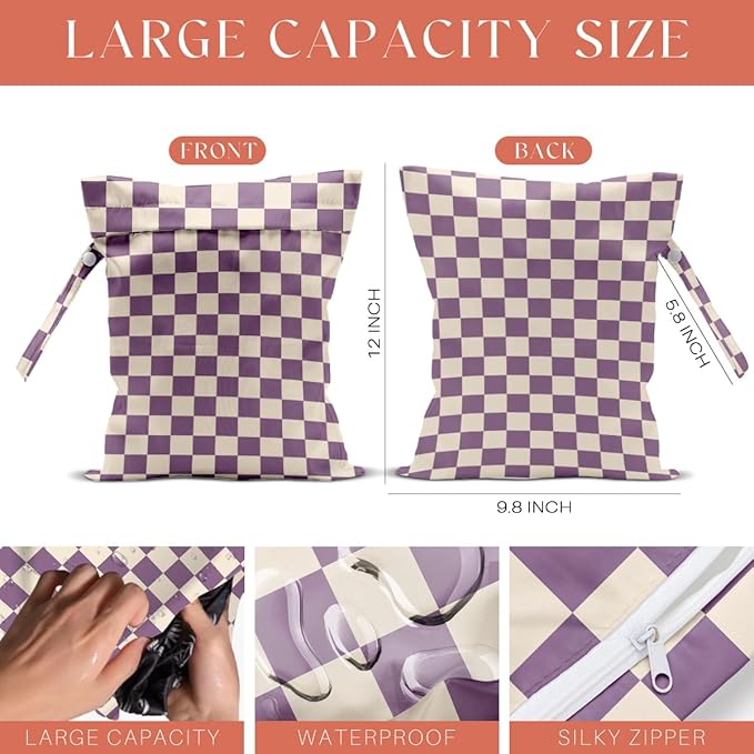 4 Pack Cute Wet Bag Waterproof Washable Reusable Wet Dry Bag for Swimsuit Clothes Cloth Diaper Travel Beach Pool Yoga Gym Birthday Party Camping Toiletries Travel Beach Essentials, Purple Checkered