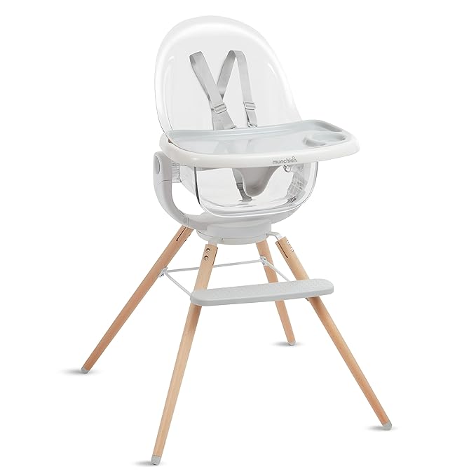 Munchkin® 360° Cloud™ Baby and Toddler High Chair with Clear Seat and 360° Swivel, White and Grey with Wooden Legs & ® Snack Catcher® Toddler Snack Cups, 2 Pack, Pink/Purple